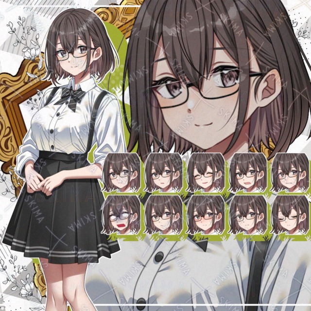 【表情10種】お淑やかな雰囲気のメガネ少女