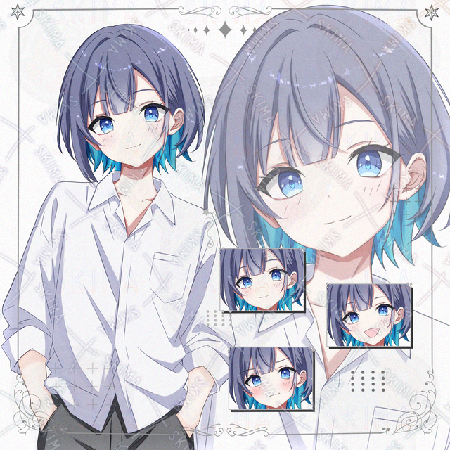 【表情3種】青髪Yシャツ中性キャラ【上半身】
