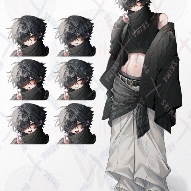 【表情差分7種】男性立ち絵(羽織、黒髪、つり目、へそ出し)