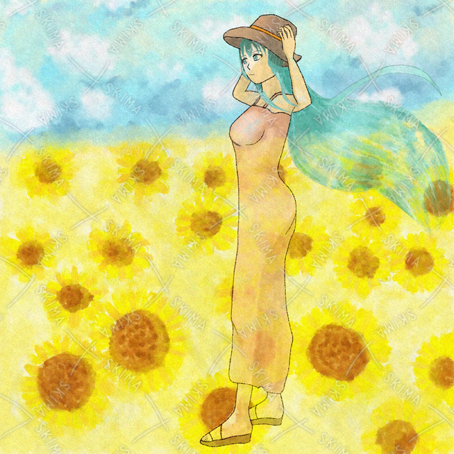 【水彩風】夏のひまわり畑に佇む少女