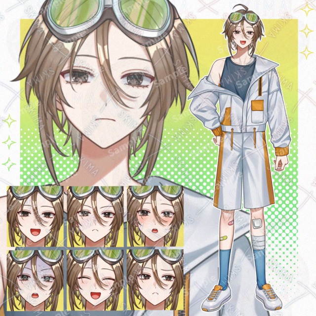 【表情8種】怪我をした作業服風のゴーグル少年