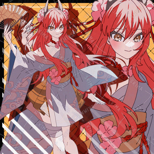 女の子　和　着物　ファンタジー　角　鬼　女子　赤髪　ロング