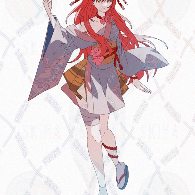 Image 2 of Girl Japanese Kimono Fantasy Horns Demon Girl Red Hair Long