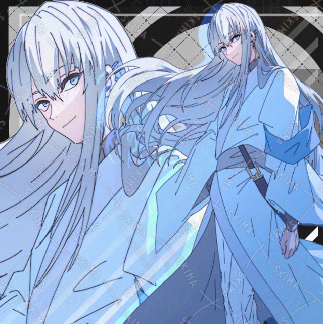 男の子　和　ファンタジー　青年　男子　青髪　白髪　ロング