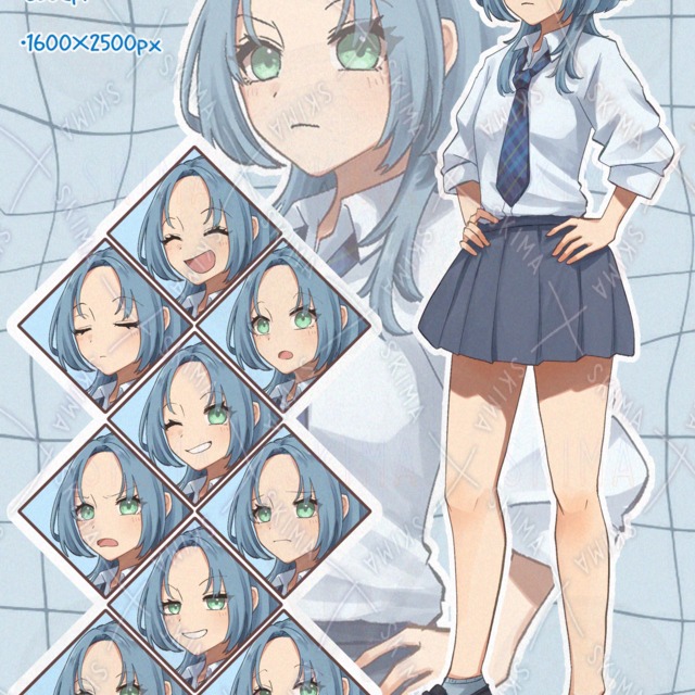 【adopt】ウルフカット水色髪の学生【表情差分10種】
