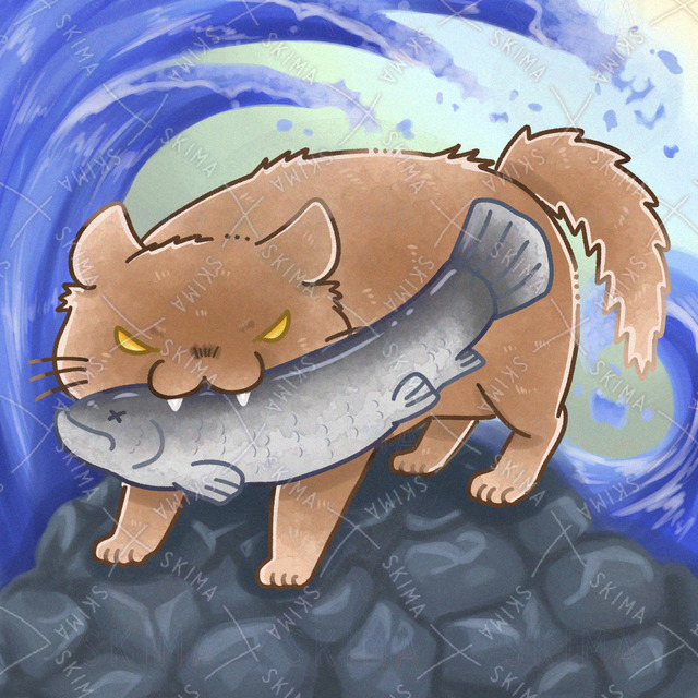 鮭を捕まえた猫