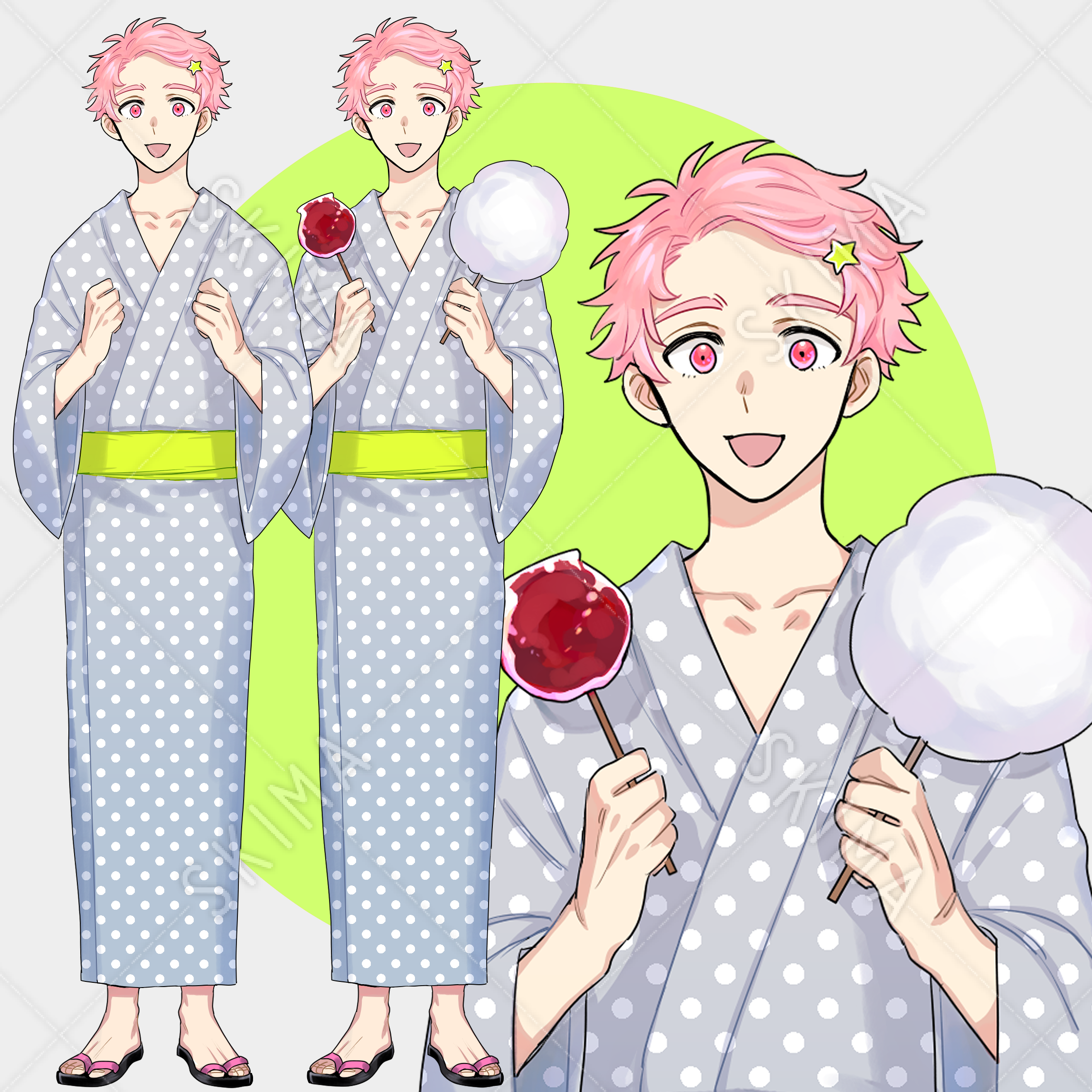 ピンク髪で浴衣姿の男性の立ち絵 表情差分5種 小物差分 スキマ スキルのオーダーメイドマーケット Skima