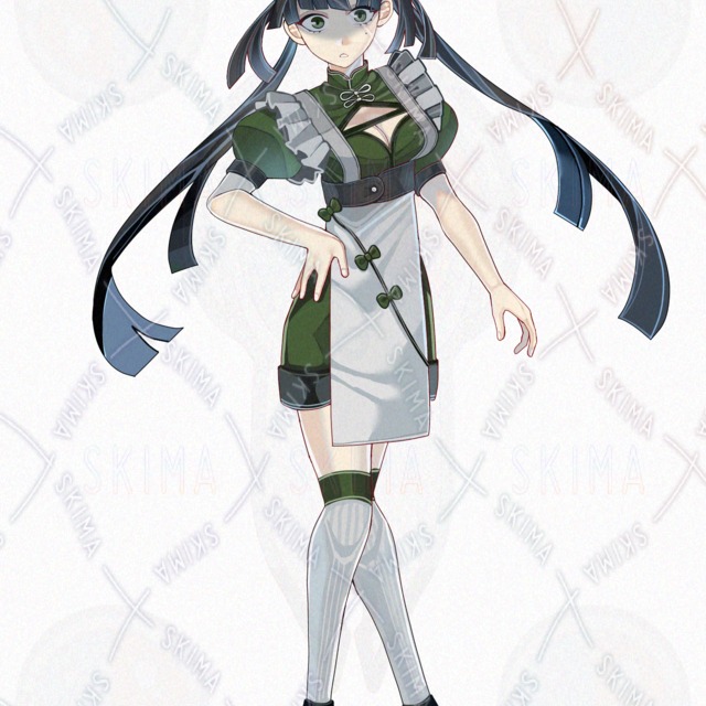 Image 5 of 9 different facial expressions] Standing drawing of a Chinese maid girl.