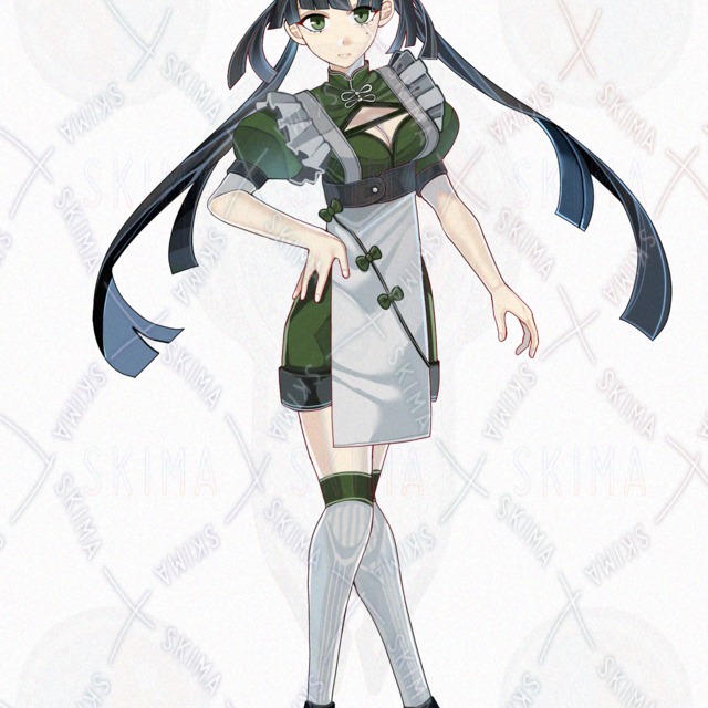 Image 7 of 9 different facial expressions] Standing drawing of a Chinese maid girl.