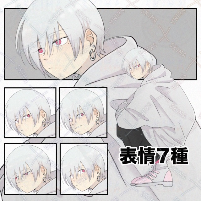 【表情7種】パーカーの中性的な人