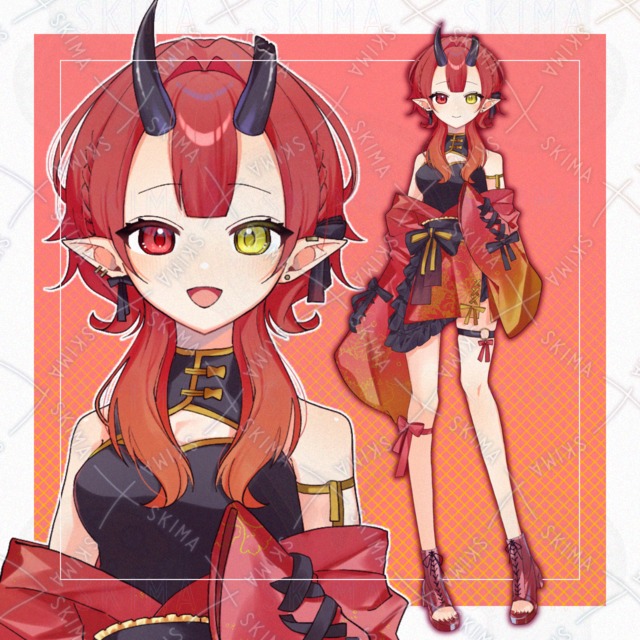 【表情差分5種】オッドアイの鬼の女の子