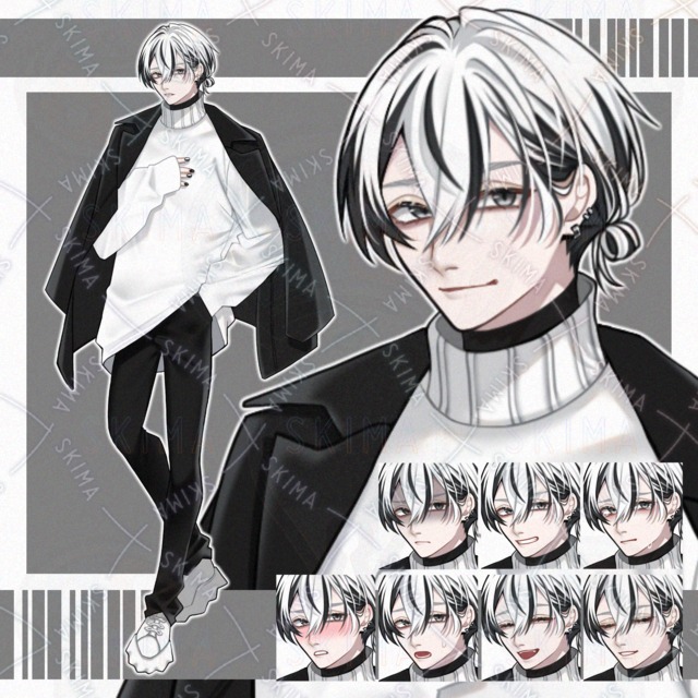 ★【立ち絵】黒×白髪/男性キャラ【表情9種】
