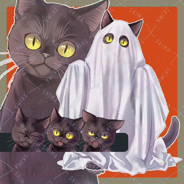 シーツおばけの黒猫 表情4種+シーツ無し差分