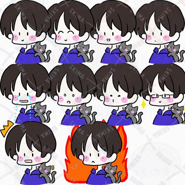 ゆるふわ黒髪の男の子と黒猫(表情10種類)