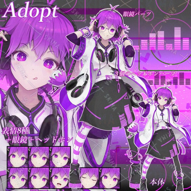 Adopt 女性立ち絵＋眼鏡＋ヘッドホン【表情差分8種】