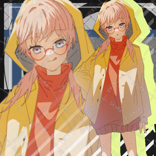 女の子　女子　眼鏡　ピンク髪　黄色　かっぱ　表情差分８種類