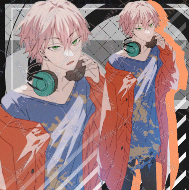 男の子　青年　ヘッドフォン　カジュアル　現代　ピンク髪　表情差分８種類