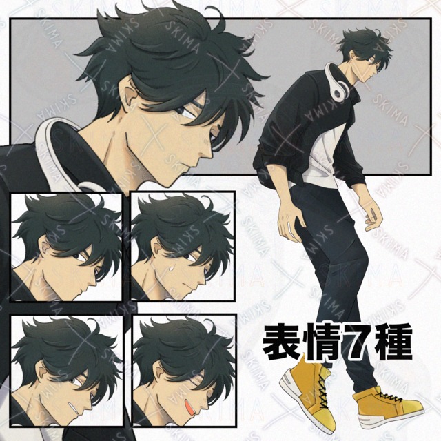 【表情7種】ヘッドフォンをかけた男性