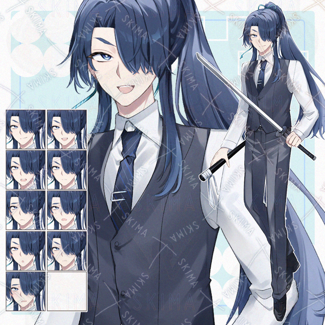 青髪ポニテの刀も持った男性【表情差分9＋パーツ】