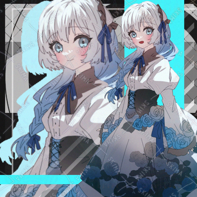 女の子　女子　ファンタジー　洋風　ドレス　白髪　ロング　花　表情差分8種類