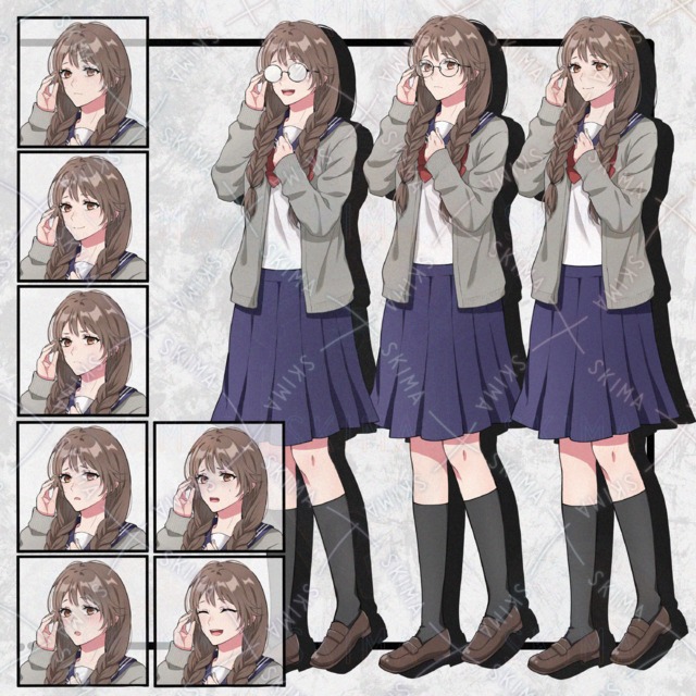 セーラー服の女の子立ち絵　表情7種+眼鏡2種