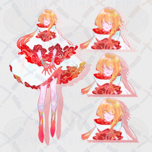 目を閉じた赤い女の子【全身立ち絵+表情差分3種(うち開眼一枚)】