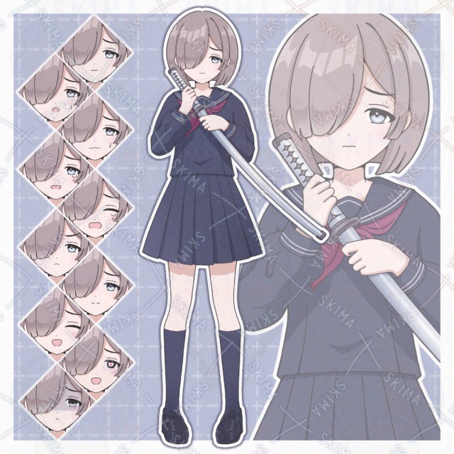 刀を持った困り顔の女子高生(表情10種)