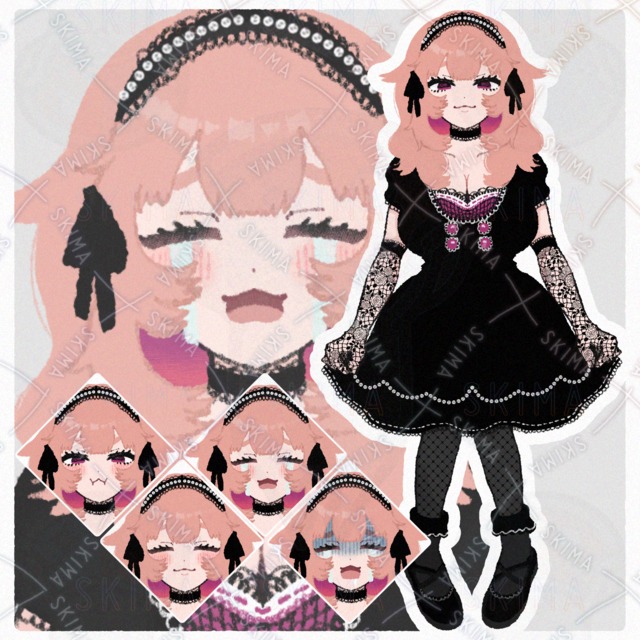 【表情5種】黒服を着たピンク髪の女の子