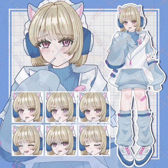 猫耳ヘッドホンのサブカル女性【表情７種】