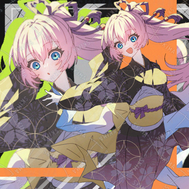 女の子　和風　和服　着物　ポニーテール　ピンク　花　ファンタジー　表情差分