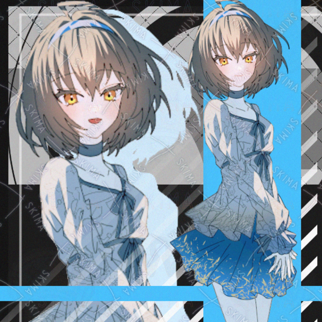 女の子　私服　現代　カチューシャ　茶髪　水色　スカート　表情差分