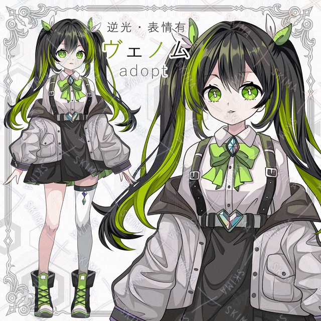 【逆光＆表情差分6種】ブラック＆ヴェノムグリーンカラーコーデの少女【透過PNG】