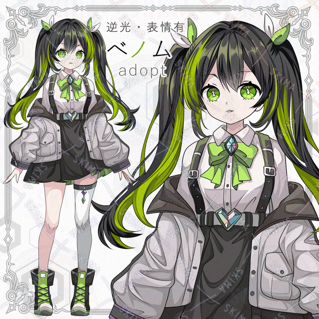 【逆光＆表情差分6種】ブラック＆ベノムグリーンカラーコーデの少女【透過PNG】