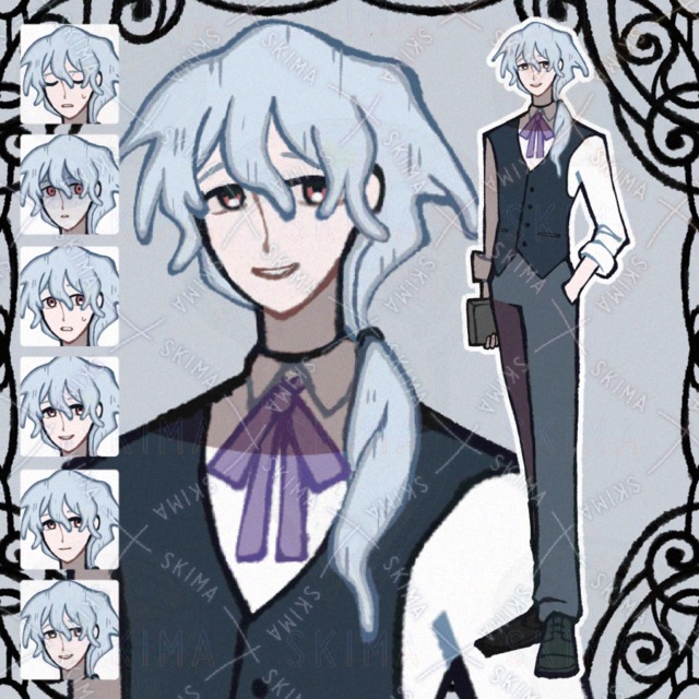 【表情6種】スーツベストを着た青髪の男性