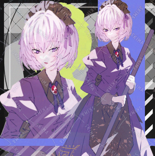 女の子　女子　メイド　紫　箒　ボブヘア　表情差分８種類
