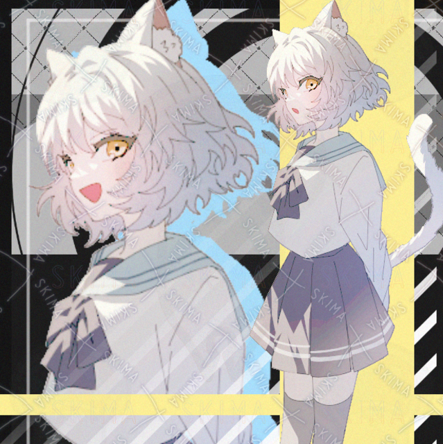 女の子　白髪　猫耳　獣人　セーラー服　表情差分８種類