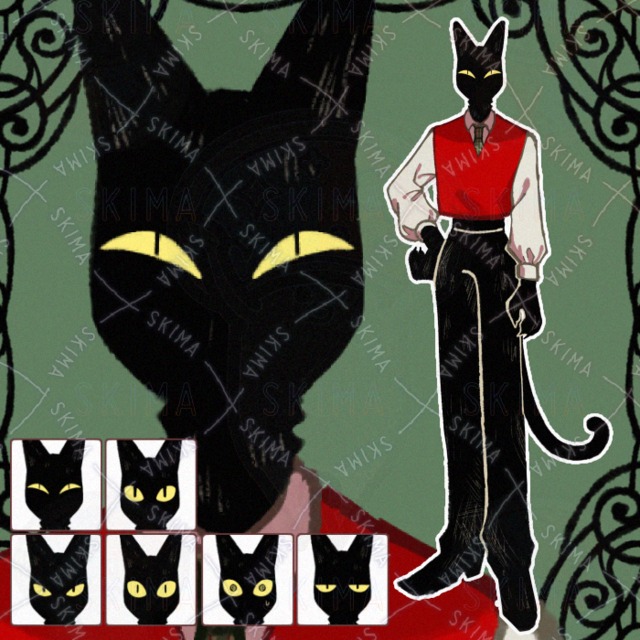 ベストを着た黒猫【表情6種】