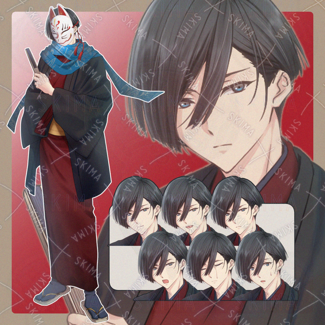 着物の青年 表情7種+狐面・襟巻き差分