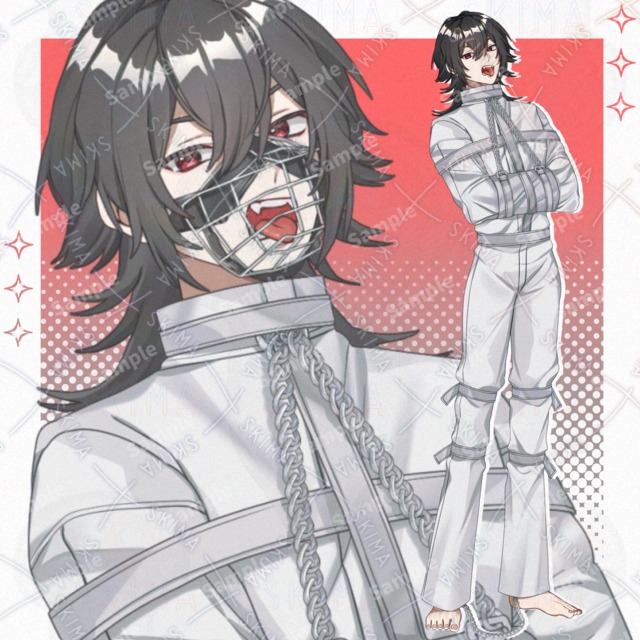 【口輪差分有り】拘束服を着た黒髪赤目の男性