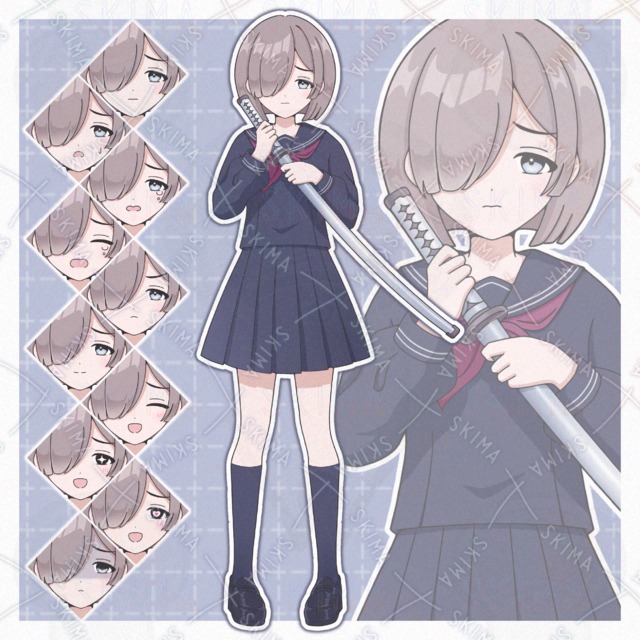 刀を持った困り顔の女子高生(表情10種)