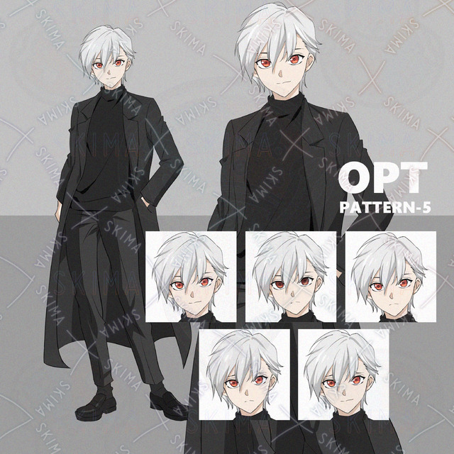 全身黒コーデの赤目白髪男性キャラ