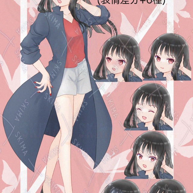 勝ち気黒髪女子　立ち絵(表情差分6種)