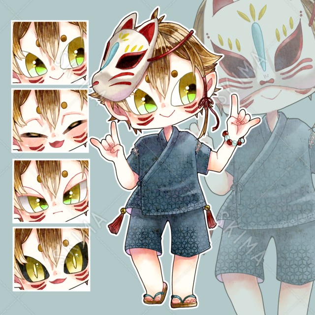 狐面と少年（表情差分有/背景透過）