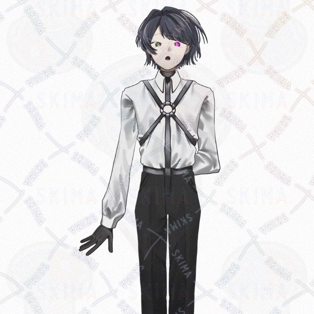 Image 3 of 4 different expressions] Young man with blue-black hair