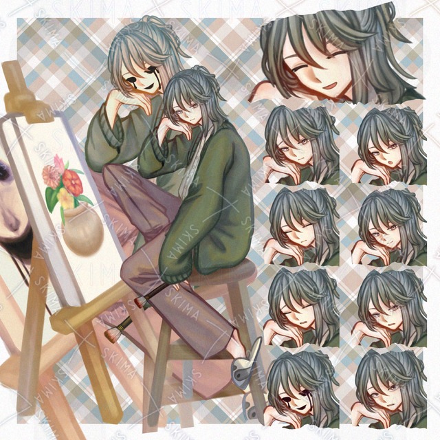 Image of 10 expressions / several accessories] Painter man and canvas