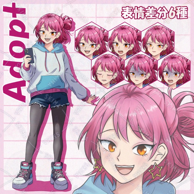 분홍색 머리 소녀【현대・학원・일상TRPG용/표정 6종】입니다. 상품 이미지