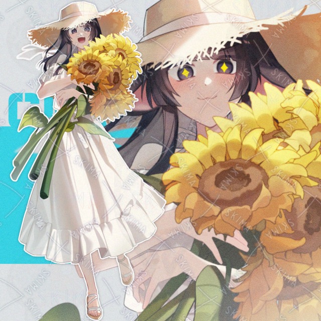 Image of 7 different expressions + ear tail + flower] A cat ear girl with black hair and white dress in summer.