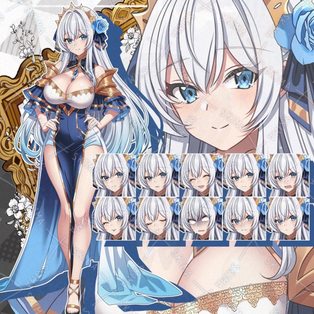 【表情10種】お上品な雰囲気の青ドレスお姉さん