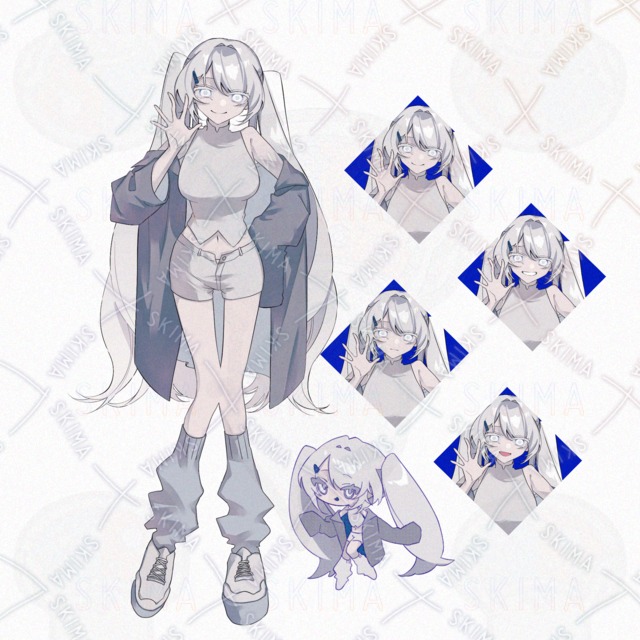 Image of Woman with white hair and twin-tail hair [4 different expressions + deformation].