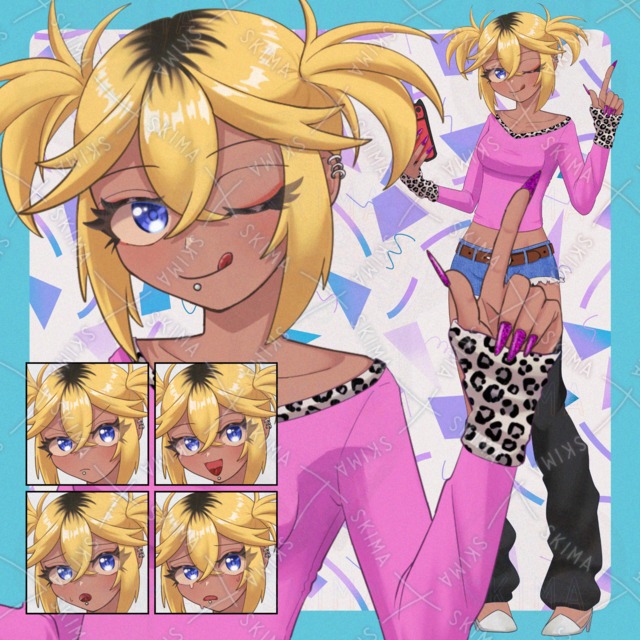 Image of 4 different facial expressions + 3 views] Standing drawing of a gal-type girl.